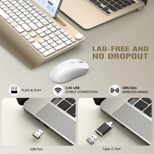 Alt view image 5 of 7 - Ergonomic Wireless Keyboard and Mouse with Wrist RestPhone Holder - 2.4GHz Full-Sized Low-Profile Quiet Gold Wireless Mouse and Keyboard Combo for Computer, Laptop, PC, Mac-Gold