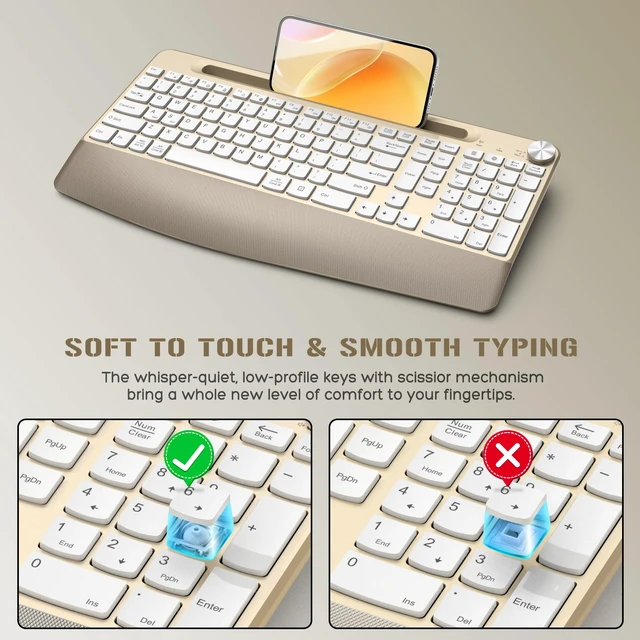 Alt view image 3 of 7 - Ergonomic Wireless Keyboard and Mouse with Wrist RestPhone Holder - 2.4GHz Full-Sized Low-Profile Quiet Gold Wireless Mouse and Keyboard Combo for Computer, Laptop, PC, Mac-Gold