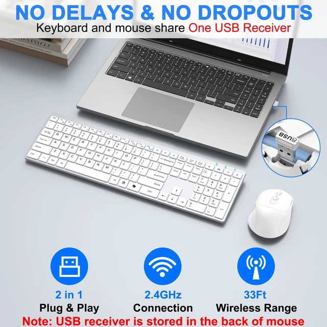 Alt view image 4 of 7 - Wireless Keyboard and Mouse Combo, Full Size Silent Ultra Thin Keyboard with Magnetic Wrist Rest, Optical Mouse, 2.4G Lag-Free Cordless Mice Keyboard Set for Computer, Mac, Laptop, PC, Windows