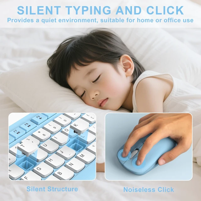 Alt view image 3 of 7 - Wireless Keyboard and Mouse Combo Silent for Office and Home(Sky Blue-B) | 2.4G Full Size Silent Cordless Keyboard with Tilt Legs,3-Level DPI Quiet Mouse,for Windows/Mac OS/Desktop/Laptop/PC