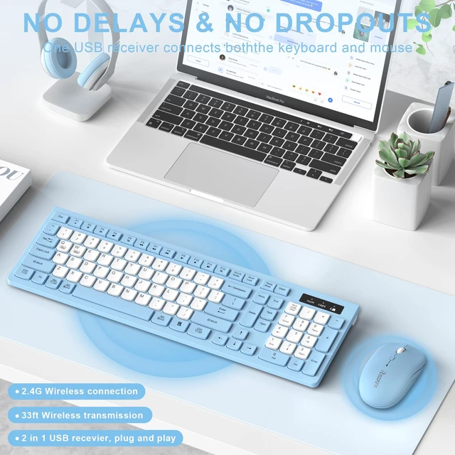 Alt view image 2 of 7 - Wireless Keyboard and Mouse Combo Silent for Office and Home(Sky Blue-B) | 2.4G Full Size Silent Cordless Keyboard with Tilt Legs,3-Level DPI Quiet Mouse,for Windows/Mac OS/Desktop/Laptop/PC