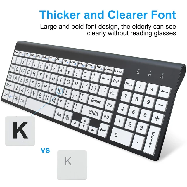 Alt view image 4 of 7 - Wireless Large Print Keyboard and Mouse Set with USB Receiver| Quiet Scissor Switch | for Seniors and Visually Impaired Low Vision Individuals-White