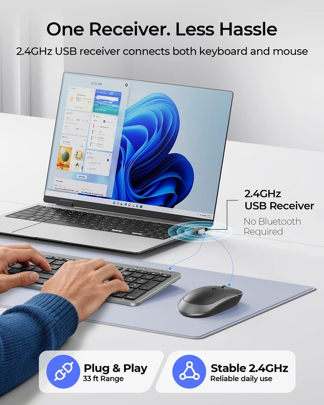 Alt view image 2 of 7 - Rechargeable Wireless Keyboard and Mouse Combo, Gray & Black | Quiet, slim full-size keyboard with numpad, 2.4GHz USB receiver, USB-C charging, 3-level DPI mouse for Windows PCs/laptops