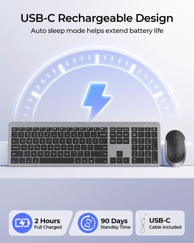 Alt view image 3 of 7 - Rechargeable Wireless Keyboard and Mouse Combo, Gray & Black | Quiet, slim full-size keyboard with numpad, 2.4GHz USB receiver, USB-C charging, 3-level DPI mouse for Windows PCs/laptops