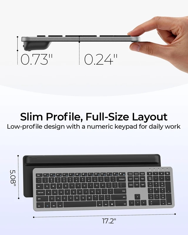 Alt view image 5 of 7 - Rechargeable Wireless Keyboard and Mouse Combo, Gray & Black | Quiet, slim full-size keyboard with numpad, 2.4GHz USB receiver, USB-C charging, 3-level DPI mouse for Windows PCs/laptops