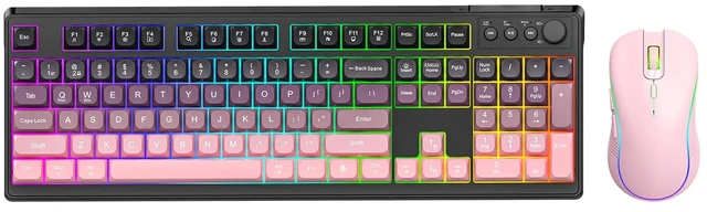 Main image of Wireless Keyboard and Mouse Combo, RGB Backlit Rechargeable 2000 mAh Battery, Wireless Computer Keyboards, Tri-Mode Bluetooth/2.4GHz/USB-C Custom Creamy Keyboard, RGB Backlit Media Knob (White-Pink)