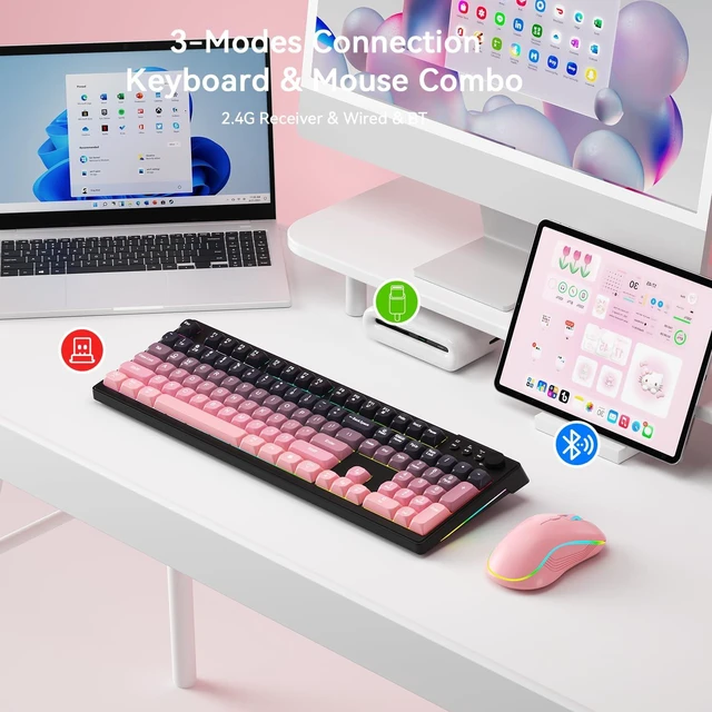 Alt view image 2 of 7 - Wireless Keyboard and Mouse Combo, RGB Backlit Rechargeable 2000 mAh Battery, Wireless Computer Keyboards, Tri-Mode Bluetooth/2.4GHz/USB-C Custom Creamy Keyboard, RGB Backlit Media Knob (White-Pink)