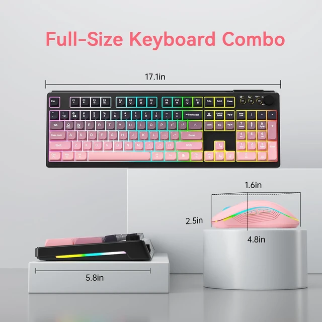 Alt view image 6 of 7 - Wireless Keyboard and Mouse Combo, RGB Backlit Rechargeable 2000 mAh Battery, Wireless Computer Keyboards, Tri-Mode Bluetooth/2.4GHz/USB-C Custom Creamy Keyboard, RGB Backlit Media Knob (White-Pink)