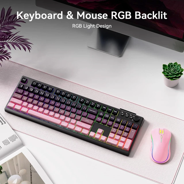 Alt view image 7 of 7 - Wireless Keyboard and Mouse Combo, RGB Backlit Rechargeable 2000 mAh Battery, Wireless Computer Keyboards, Tri-Mode Bluetooth/2.4GHz/USB-C Custom Creamy Keyboard, RGB Backlit Media Knob (White-Pink)