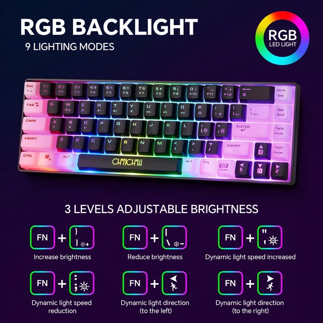 Alt view image 4 of 7 - 60% Gaming Keyboard and Mouse Combo, 68 Keys Wired LED RGB Backlit | Gaming Keyboard and RGB Backlit Mouse, Small Light up Keyboard for PC Xbox PS4 (Black-White)