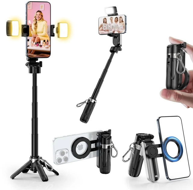 Main image of Upgraded Magnetic Mini Selfie Stick Tripod with 2 Fill Lights, 4-in-1 Pocket Size Phone Tripod with 360° Rotation, Rechargeable Bluetooth Remote, Foldable Grip for iPhone Vlog Photo Video