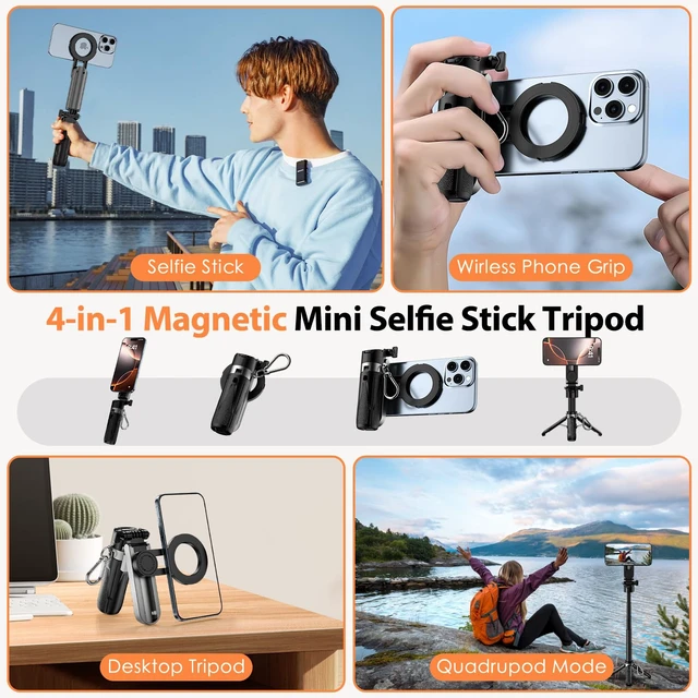 Alt view image 3 of 7 - Upgraded Magnetic Mini Selfie Stick Tripod with 2 Fill Lights, 4-in-1 Pocket Size Phone Tripod with 360° Rotation, Rechargeable Bluetooth Remote, Foldable Grip for iPhone Vlog Photo Video