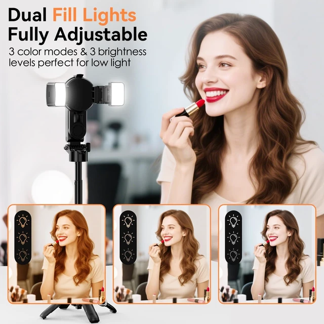 Alt view image 2 of 7 - Upgraded Magnetic Mini Selfie Stick Tripod with 2 Fill Lights, 4-in-1 Pocket Size Phone Tripod with 360° Rotation, Rechargeable Bluetooth Remote, Foldable Grip for iPhone Vlog Photo Video