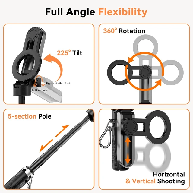 Alt view image 6 of 7 - Upgraded Magnetic Mini Selfie Stick Tripod with 2 Fill Lights, 4-in-1 Pocket Size Phone Tripod with 360° Rotation, Rechargeable Bluetooth Remote, Foldable Grip for iPhone Vlog Photo Video