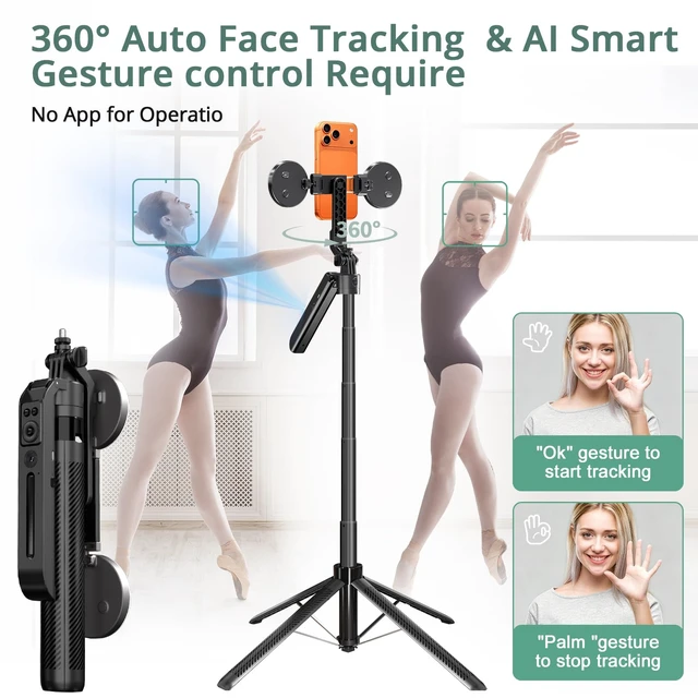Alt view image 2 of 7 - 71" Auto Face Tracking Tripod for iPhone with 2 Lights, 2 Mics & Remote | Auto 360° Rotation, Solidest Extendable Cell Phone Stand, No App, Vlogging Kit for Android, Video Recording, YouTube/TikTok