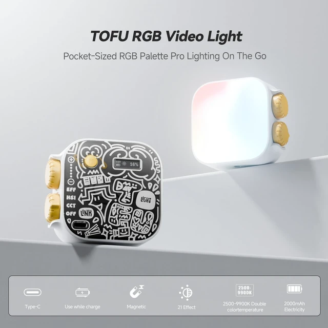 Alt view image 2 of 7 - Tofu Light, Magnetic RGB Video Camera Light, Photography Lighting | w Clip & Mini Tripod & Cold Shoe Mount, Mini Panel/Portable/CRI 96+/2500-9900K/21 Scenes, for Selfie Video Conference Vlog