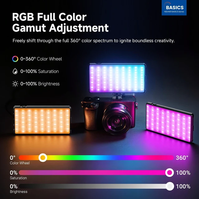 Alt view image 2 of 7 - Basics RGB Video Light, 9W 2700K-7500K Portable Full RGB Colors 17 Scenes CRI97, 4000mAh Rechargeable Metal Small LED Camera Panel Lighting for DSLR Tripod Streaming Video Recording, SL90C