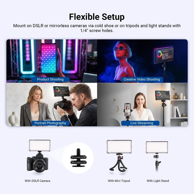 Alt view image 6 of 7 - Basics RGB Video Light, 9W 2700K-7500K Portable Full RGB Colors 17 Scenes CRI97, 4000mAh Rechargeable Metal Small LED Camera Panel Lighting for DSLR Tripod Streaming Video Recording, SL90C