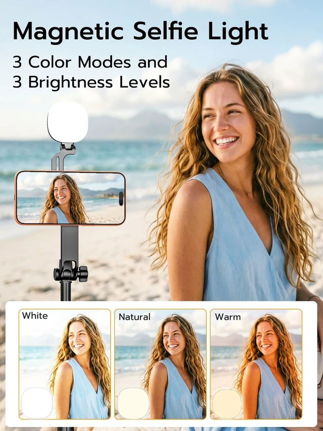 Alt view image 3 of 7 - 69" Magnetic Tripod for iPhone with Magnetic Light (MPT-04) | Selfie Stick with Magnetic Selfie Light & Remote, Extendable Tripod, Vlogging Kit for Magsafe iPhone/Android Video Recording