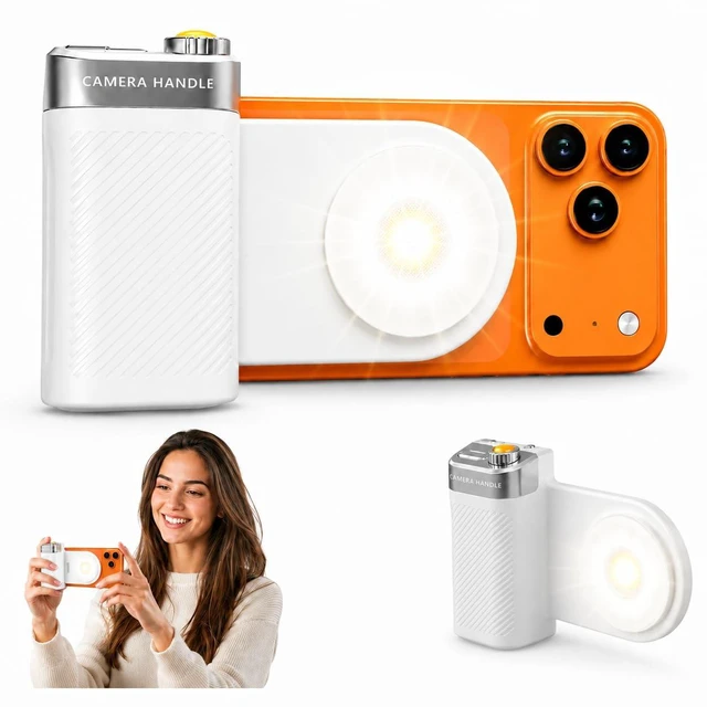 Main image of Magnetic Phone Camera Grip with Flash & Bluetooth Shutter for Smart Phones | LED Fill Light, Adjustable Brightness, Native Camera Control, 1/4" Tripod Mount, Strong Magnetic Grip, USB-C Rechargeable