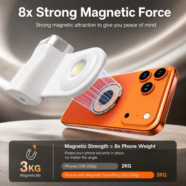 Alt view image 2 of 7 - Magnetic Phone Camera Grip with Flash & Bluetooth Shutter for Smart Phones | LED Fill Light, Adjustable Brightness, Native Camera Control, 1/4" Tripod Mount, Strong Magnetic Grip, USB-C Rechargeable