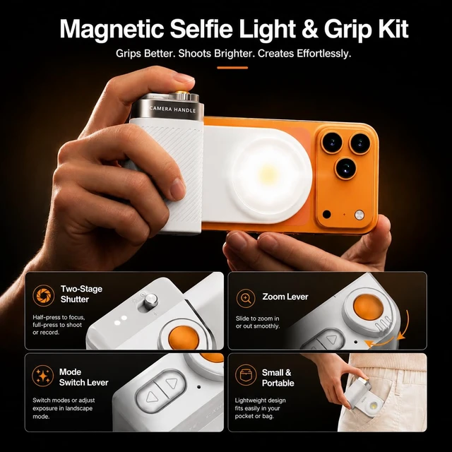 Alt view image 3 of 7 - Magnetic Phone Camera Grip with Flash & Bluetooth Shutter for Smart Phones | LED Fill Light, Adjustable Brightness, Native Camera Control, 1/4" Tripod Mount, Strong Magnetic Grip, USB-C Rechargeable