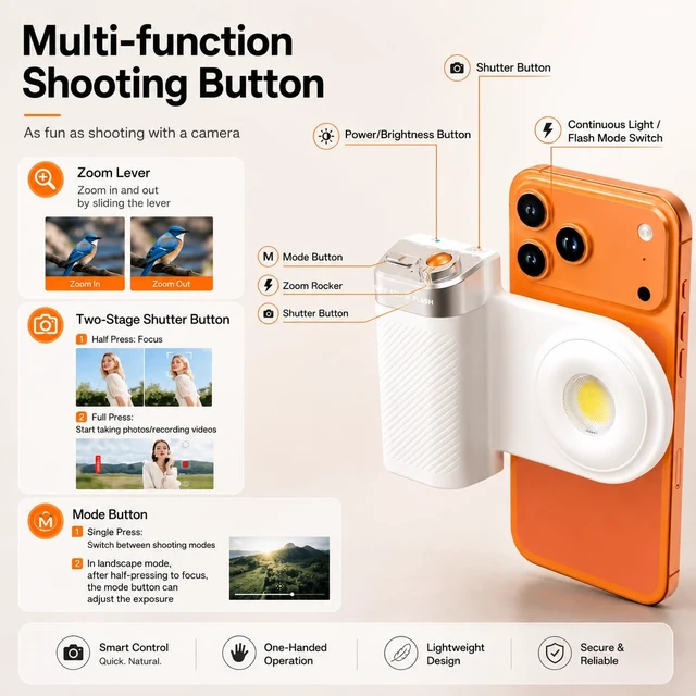 Alt view image 4 of 7 - Magnetic Phone Camera Grip with Flash & Bluetooth Shutter for Smart Phones | LED Fill Light, Adjustable Brightness, Native Camera Control, 1/4" Tripod Mount, Strong Magnetic Grip, USB-C Rechargeable
