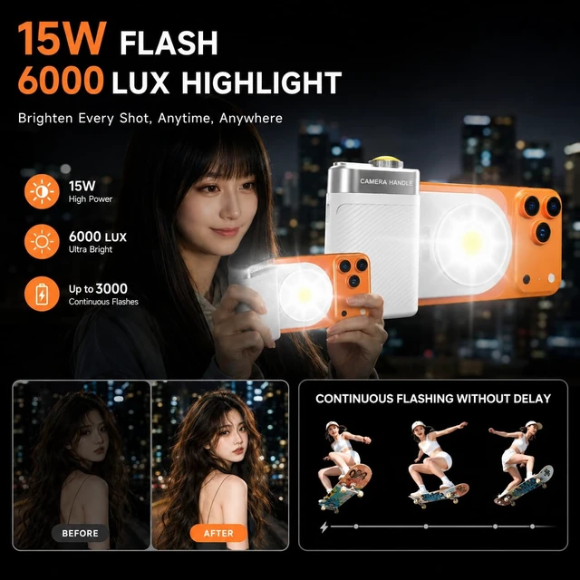 Alt view image 6 of 7 - Magnetic Phone Camera Grip with Flash & Bluetooth Shutter for Smart Phones | LED Fill Light, Adjustable Brightness, Native Camera Control, 1/4" Tripod Mount, Strong Magnetic Grip, USB-C Rechargeable