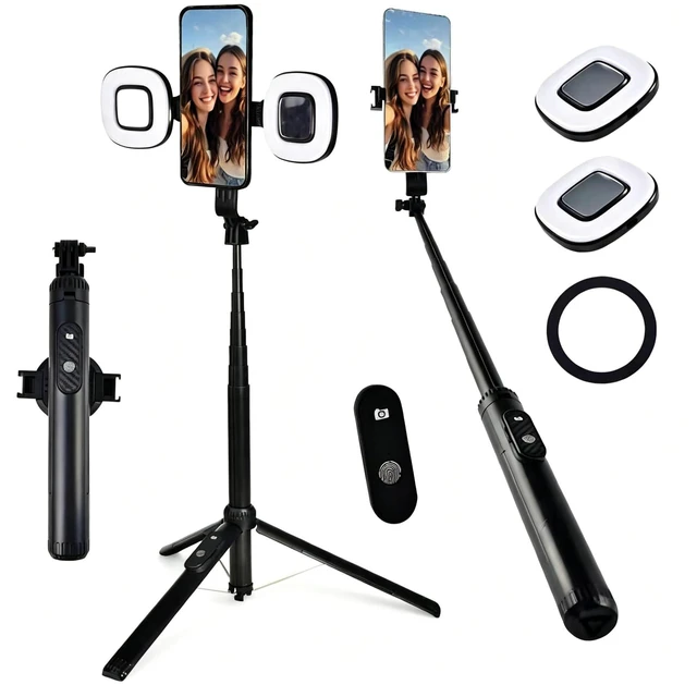 Main image of Universal Magnetic Tripod Selfie Stick with Fill Light for iPhone & Android | Aluminum Alloy Magnetic & Clip-On Selfie Stick with Dual Fill Lights and Bluetooth Remote,1/4" Screw Compatible with GoPro