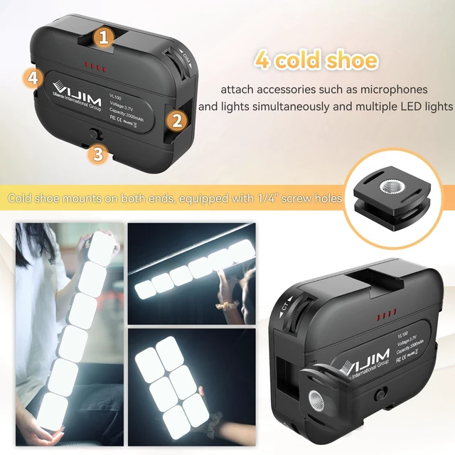 Alt view image 4 of 7 - Bi-Color LED Video Light on Camera Adjustable Angle Dimmable | 2500-6500K CRI95+, Rechargeable Type-c, Build-in 2000mAh , with 4 Cold Shoes, Mini Hot Shoe Swivel Mount for Tripod Mic Vlog