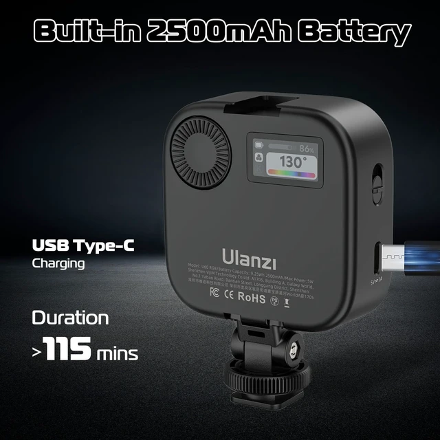 Alt view image 7 of 7 - U60 RGB Clip on Video Light, CRI95 2500-9000K Dimmable w Cold Shoe | 2500mAh Rechargeable, LED Panel Photography Lighting, for Zoom Meetings, Laptop, Video Calls, Camera Vlog Live Shooting