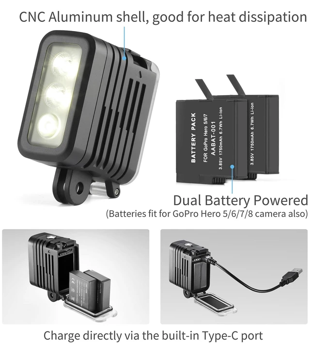 Alt view image 2 of 7 - 450LM Waterproof Dive Light for GoPro Hero 13 12 11 10 9 Black | 164ft Underwater Light for GoPro, 3 Modes, High/Low Brightness, Strobe, 2 Rechargeable Batteries Included, Aluminum Body