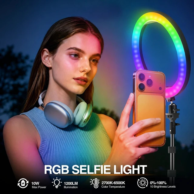 Alt view image 3 of 7 - 10'' Ring Light with 51'' Extendable Tripod Stand & Phone Holder | 16 RGB Colors 13 Dynamic Modes & 10 Brightness Levels Selfie Ringlight with Bluetooth Remote for Recording, Streaming, Makeup