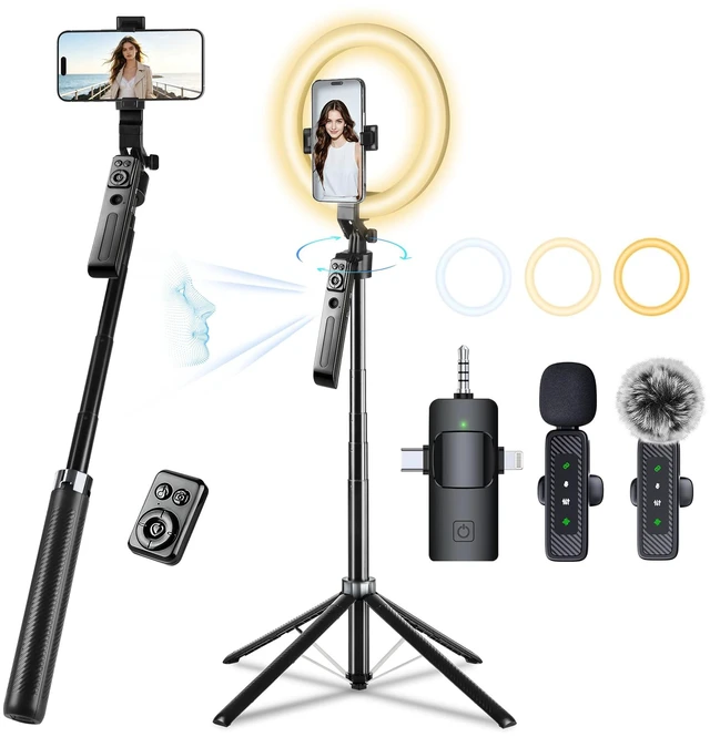Main image of Kit with 2 Mics and 10" Ring Light, 71 Tracking Tripod for iPhone | Phone Camera Tripod Stand with Remote for TikTok, Content Creator Essentials for YouTube Starter