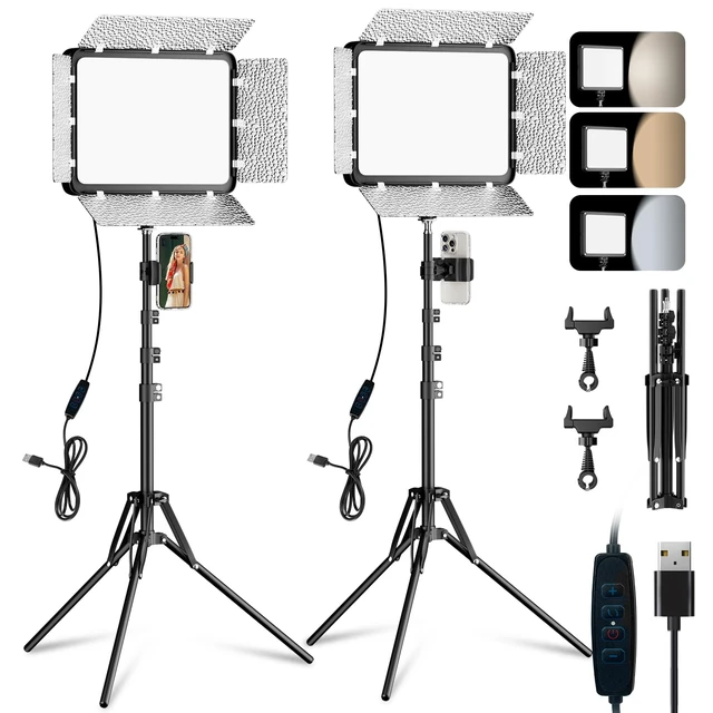 Main image of 2-Pack 15W LED Video Light Kit with Phone Holder & Barndoor | 2800-7000K Dimmable Studio Lights, 73'' Adjustable Photography Lighting for Recording Streaming Makeup Content Podcast Vlog