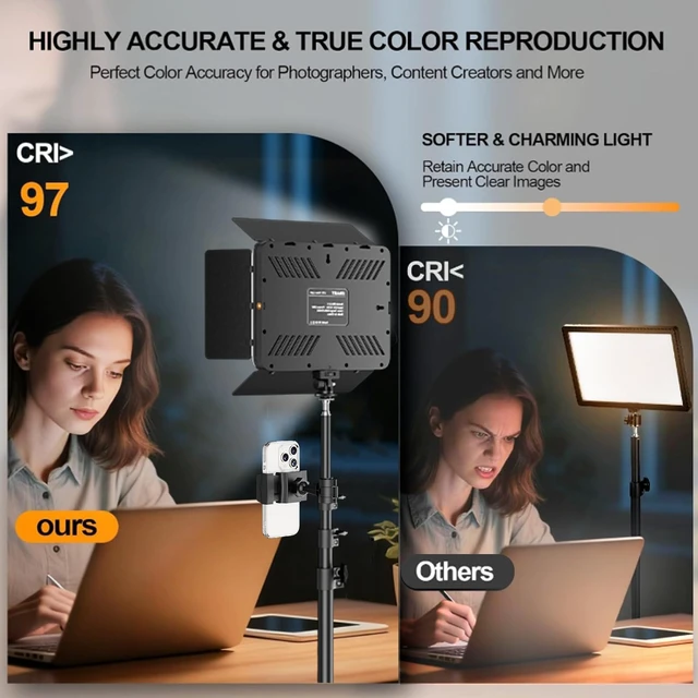 Alt view image 5 of 7 - 2-Pack 15W LED Video Light Kit with Phone Holder & Barndoor | 2800-7000K Dimmable Studio Lights, 73'' Adjustable Photography Lighting for Recording Streaming Makeup Content Podcast Vlog