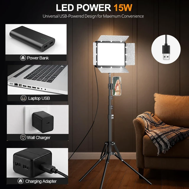 Alt view image 7 of 7 - 2-Pack 15W LED Video Light Kit with Phone Holder & Barndoor | 2800-7000K Dimmable Studio Lights, 73'' Adjustable Photography Lighting for Recording Streaming Makeup Content Podcast Vlog