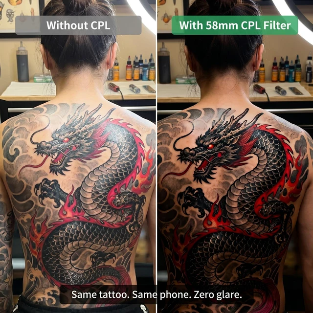 Alt view image 2 of 7 - Polarized CPL Lens Light for iPhone - 120 LED Tattoo Photography Kit, 58mm Filter Removes Glare, Adjustable Color Temp, Clip-On Selfie Light for TikTok, Video Recording, Tattoo Photography