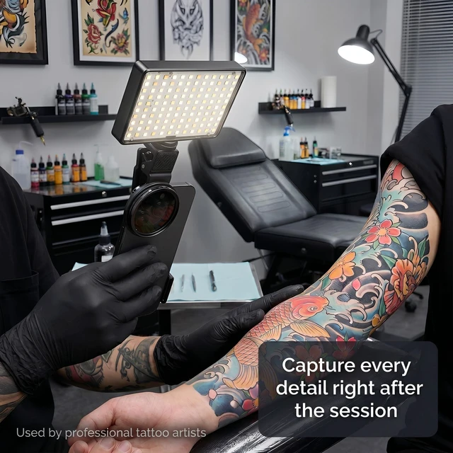 Alt view image 3 of 7 - Polarized CPL Lens Light for iPhone - 120 LED Tattoo Photography Kit, 58mm Filter Removes Glare, Adjustable Color Temp, Clip-On Selfie Light for TikTok, Video Recording, Tattoo Photography