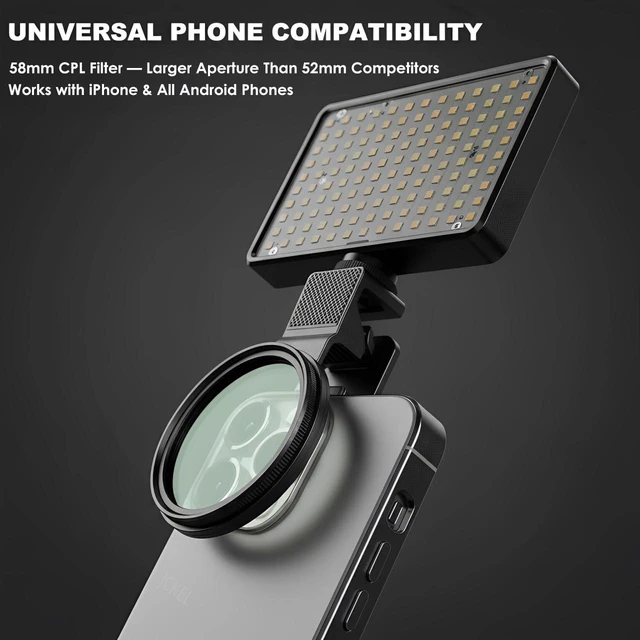 Alt view image 7 of 7 - Polarized CPL Lens Light for iPhone - 120 LED Tattoo Photography Kit, 58mm Filter Removes Glare, Adjustable Color Temp, Clip-On Selfie Light for TikTok, Video Recording, Tattoo Photography
