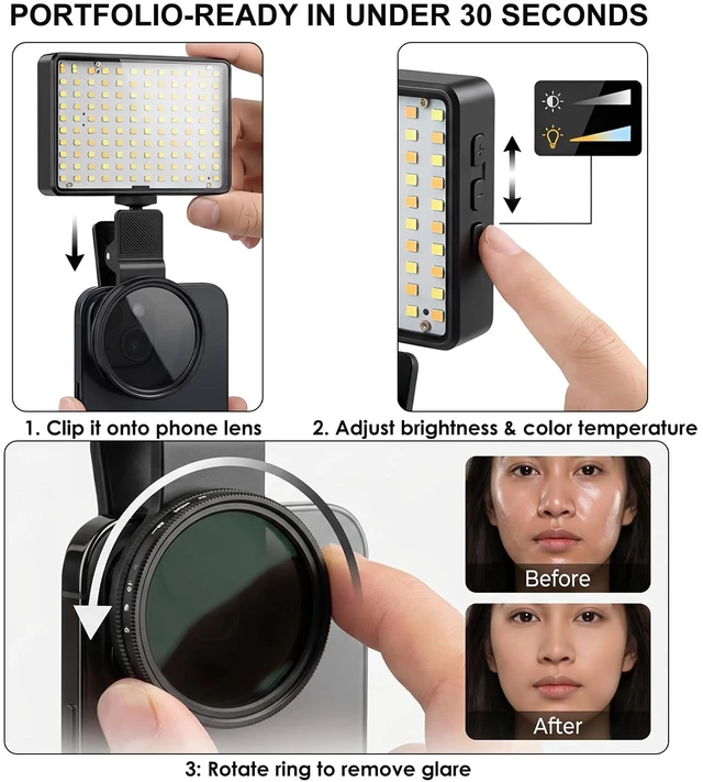Alt view image 5 of 7 - Polarized CPL Lens Light for iPhone - 120 LED Tattoo Photography Kit, 58mm Filter Removes Glare, Adjustable Color Temp, Clip-On Selfie Light for TikTok, Video Recording, Tattoo Photography