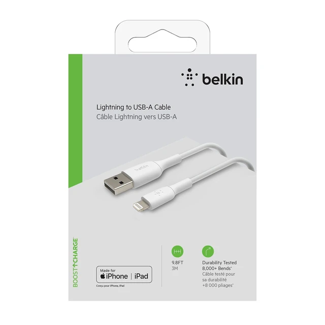 Alt view image 6 of 7 - BoostCharge Lightning Cable - 9.8ft/3M - MFi Certified Apple iPhone Charger USB to Lightning Cable - iPhone Cable - iPhone Charger Cord - Apple Charger - USB Phone Charger - White