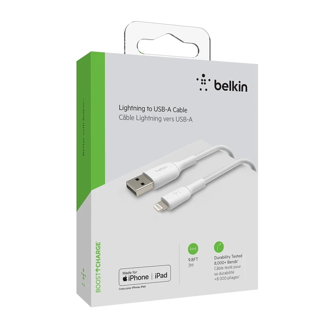 Alt view image 7 of 7 - BoostCharge Lightning Cable - 9.8ft/3M - MFi Certified Apple iPhone Charger USB to Lightning Cable - iPhone Cable - iPhone Charger Cord - Apple Charger - USB Phone Charger - White