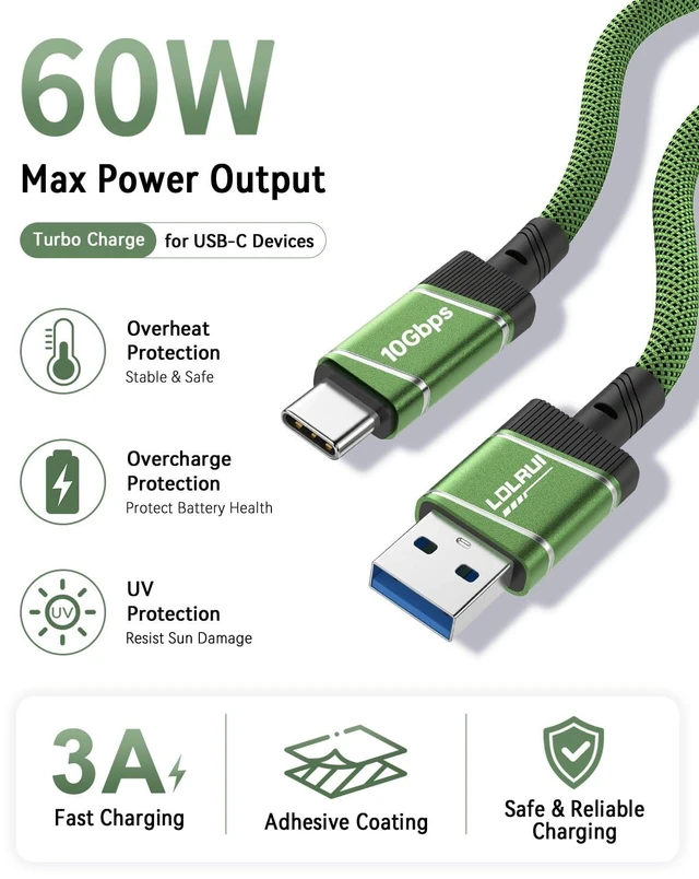 Alt view image 3 of 7 - USB A to USB C Cable Long Cable 10Gbps Data Transfer 6Ft Green 2Pcs | 60W Fast Charging USB 3.2 Gen 2 Cable for Phone, Laptop, Tablet, Portable SSD and Desktop Setup with High Speed Sync
