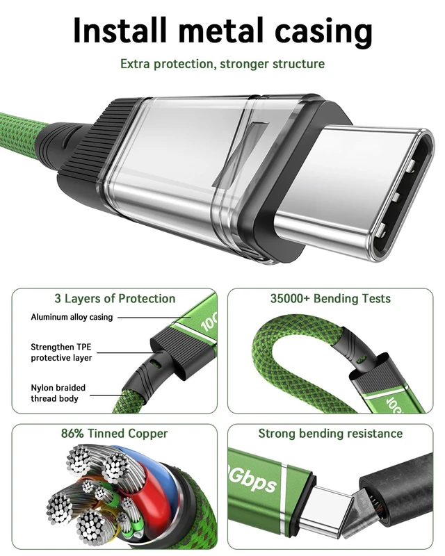 Alt view image 4 of 7 - USB A to USB C Cable Long Cable 10Gbps Data Transfer 6Ft Green 2Pcs | 60W Fast Charging USB 3.2 Gen 2 Cable for Phone, Laptop, Tablet, Portable SSD and Desktop Setup with High Speed Sync