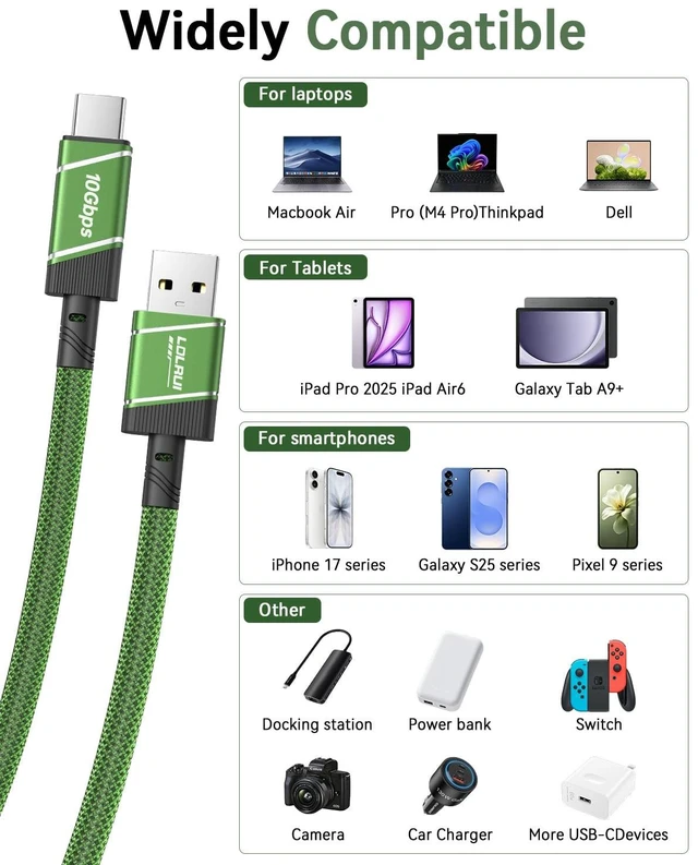 Alt view image 7 of 7 - USB A to USB C Cable Long Cable 10Gbps Data Transfer 6Ft Green 2Pcs | 60W Fast Charging USB 3.2 Gen 2 Cable for Phone, Laptop, Tablet, Portable SSD and Desktop Setup with High Speed Sync