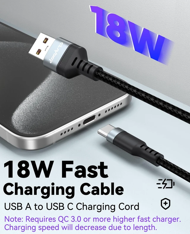Alt view image 2 of 7 - USB A to USB C Cable 30ft Charging 18W, Extra Long USB-C Charge Cord 30Foot | Only Type C Charge Power Cables Braided Black for iPhone 18/17/16/15 Galaxy S26/25/24/23 Pixel XL/2/3/4XL Security Camera