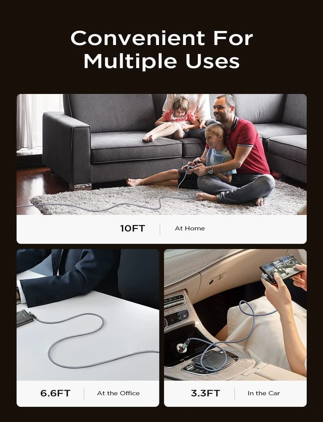 Alt view image 2 of 7 - USB C Cable 60W 4-Pack 3.3FT+3.3FT+6.6FT+10FT Nylon Braided USB C to USB C Cable Type C Charger Fast Charging Right Angle USBC Cable Charger Cord for iPhone 16 Pro Max 15 Plus Samsung S24 Grey
