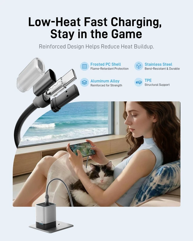 Alt view image 4 of 7 - 240W USB C to USB C Cable, 6.6 ft Silicone Fast Charging Cord | Soft-Touch Liquid Silicone with Woven Reinforcement, 480Mbps Data Sync, E-Marker Chip, Tangle-Resistant Design and Strap