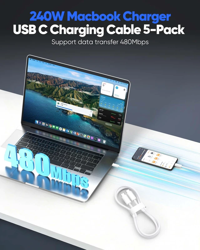 Alt view image 7 of 7 - USB C Cable 3.3FT 5-Pack,240W Fast Charging Multipack | Soft & Braided for iP 17 Pro Max,iP 16 Pro Max,iP15 Pro Max,iPad Pro/9/10th, MacBook Pro/Air,iP-hone Charger Cord